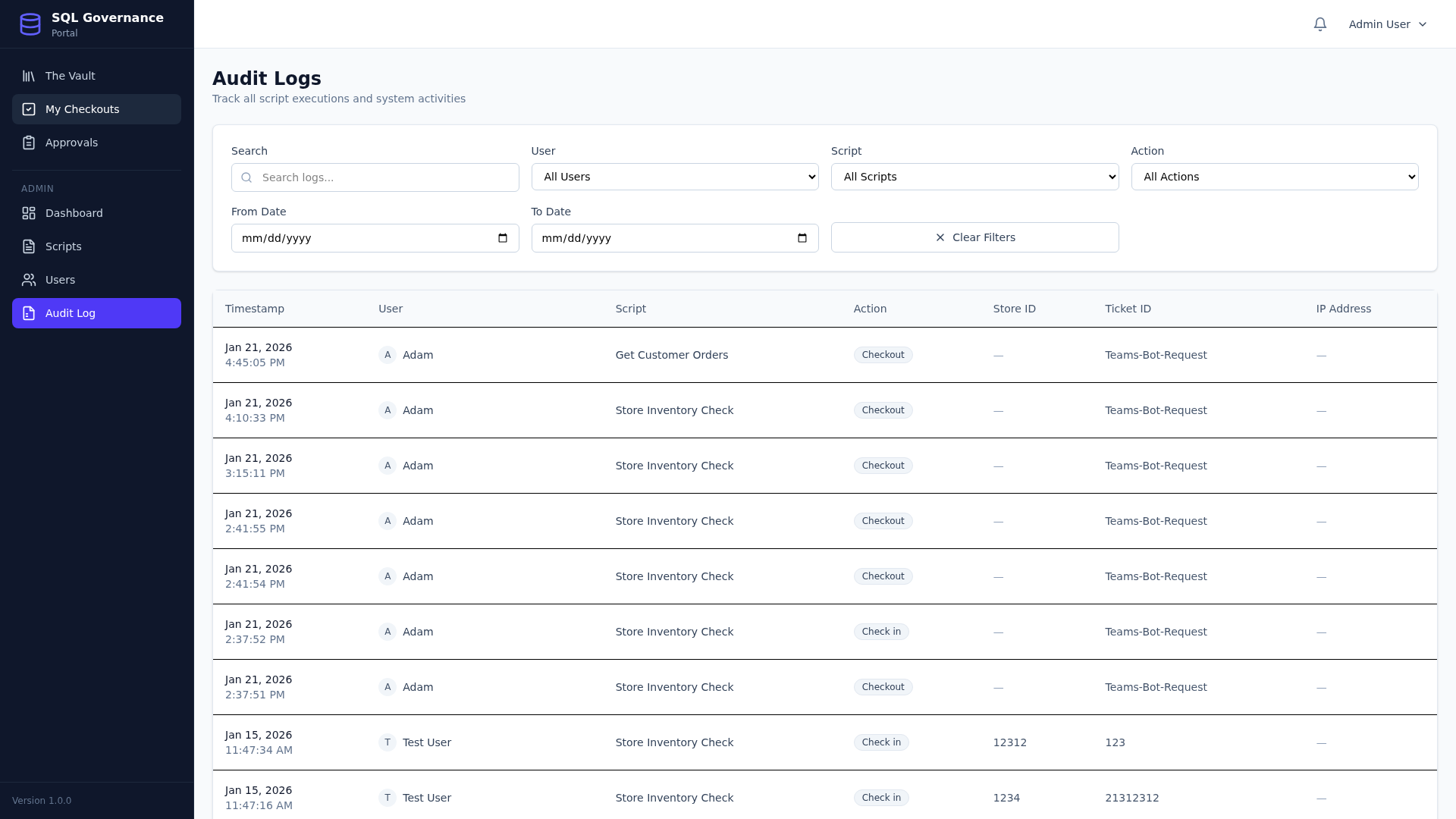 Audit log showing execution history with filters