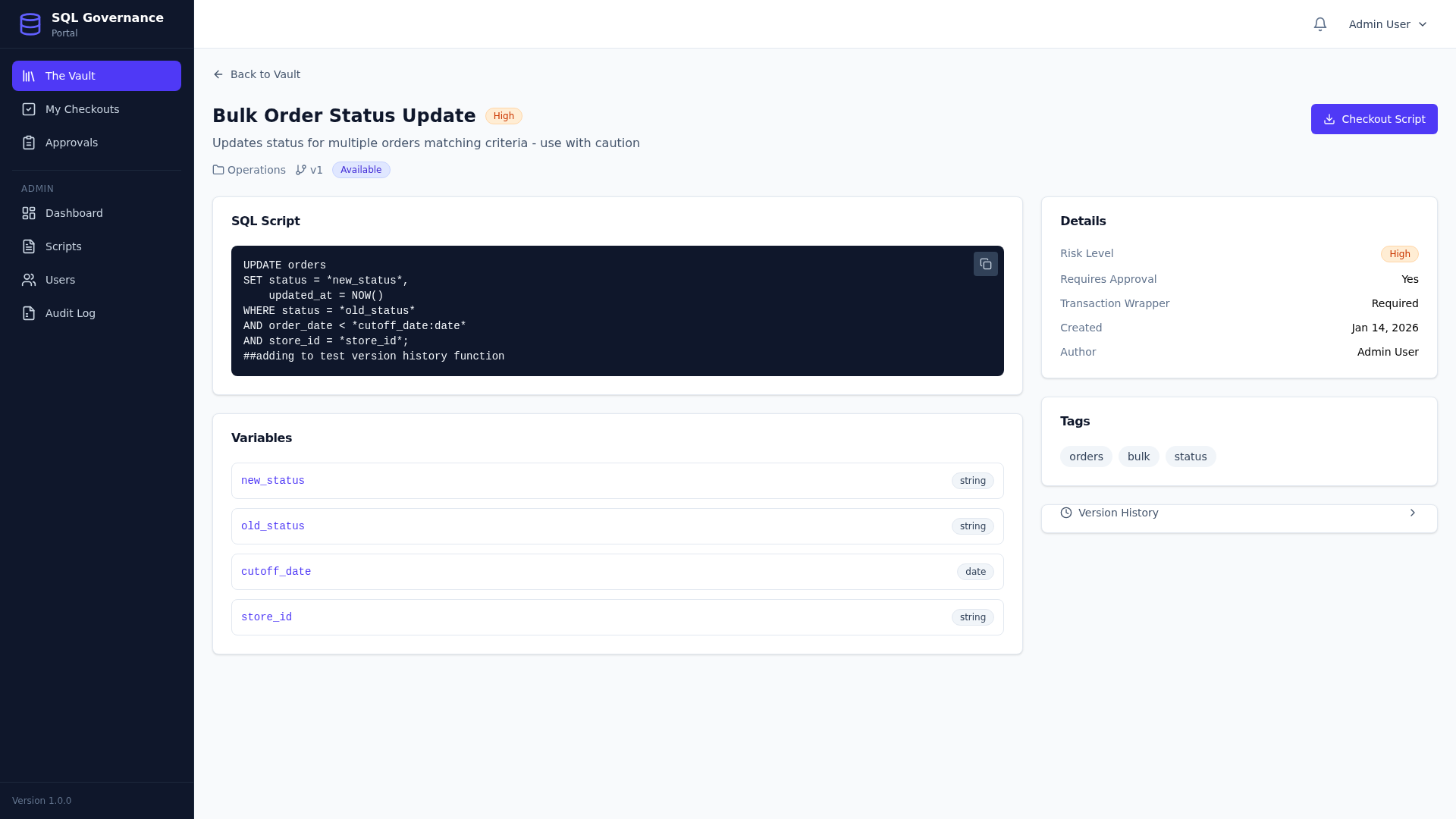 Script detail view with version history